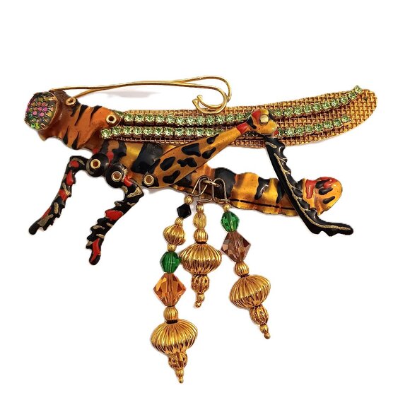 Lunch At The Ritz Articulated Enamel Rhinestone Grasshopper Brooch Pin Pendant - Picture 1 of 5